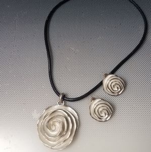 silver rose black cord necklace rose earrings set